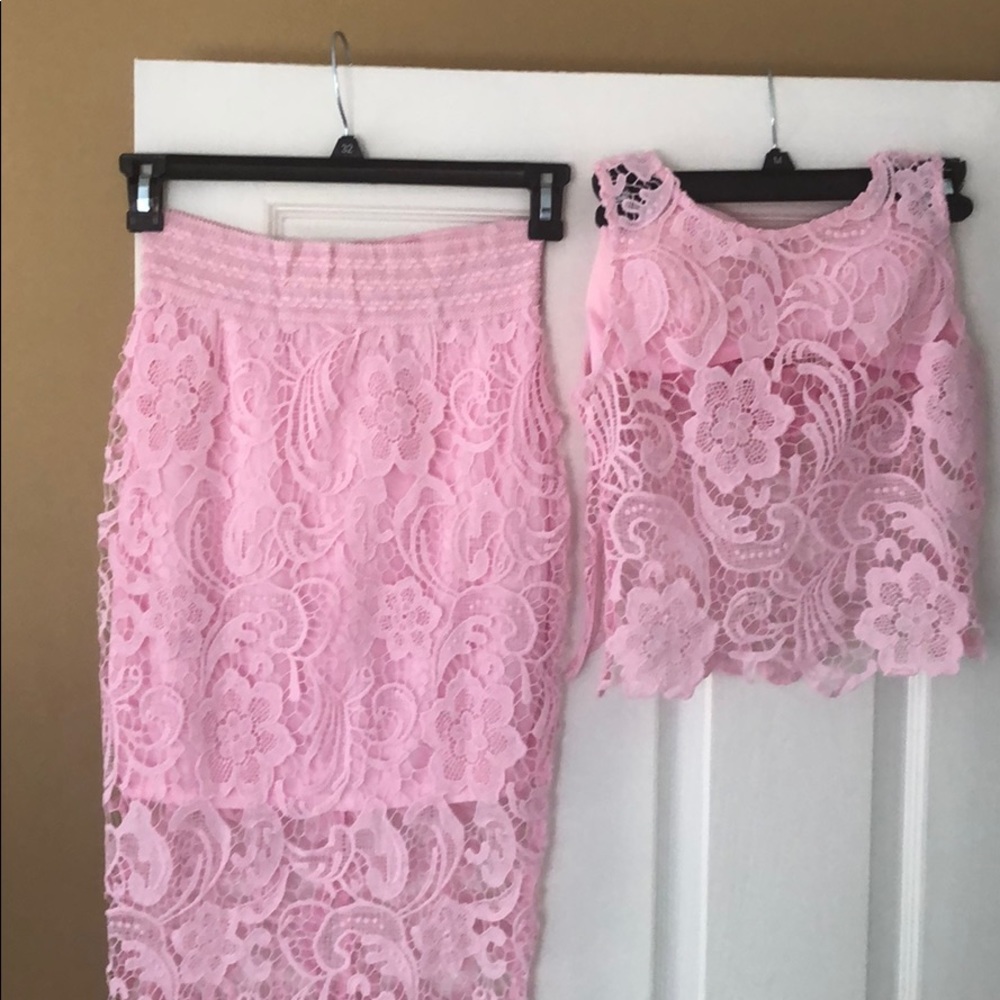 Pink lace crop top and lace skirt